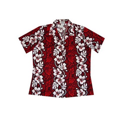 Ladies Red Hawaiian Cotton Poplin Shirt w/ Button Front & Short Sleeves