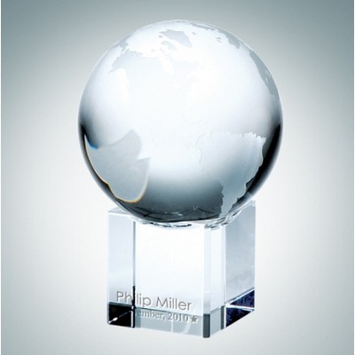 World Globe Optical Crystal Award w/Cube Base (Medium)