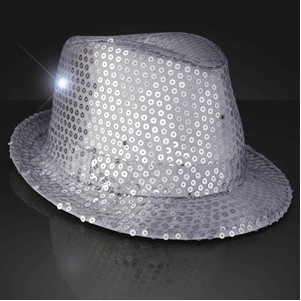Sequin Silver Fedora Hats with Flashing LEDs - BLANK