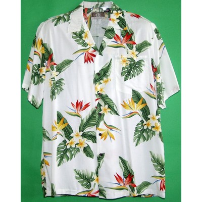 Hawaiian Tropical Print 100% Rayon Silky Feel Bahama White Shirt - DEEP INVENTORY