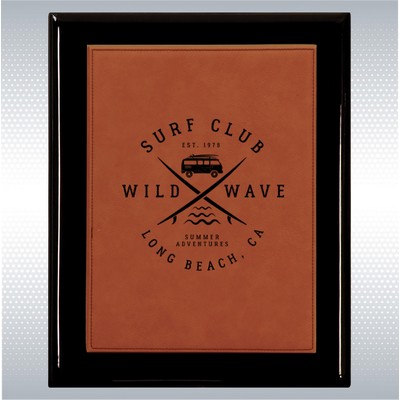 Black Piano Finish Wood Plaque w/Rawhide Leather Plate (9" x 12")