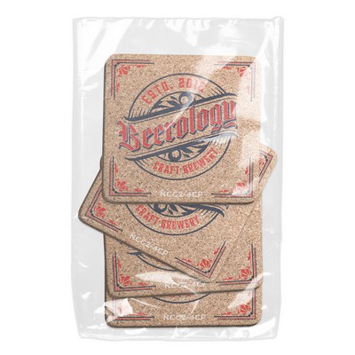 Set of 4 Natural Cork Coasters 3/16" thick, Square (3.5" x 3.5"), Full Color Imprint Polybagged