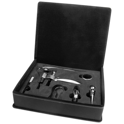 Black/Silver Leatherette 5-Piece Wine Tool Set