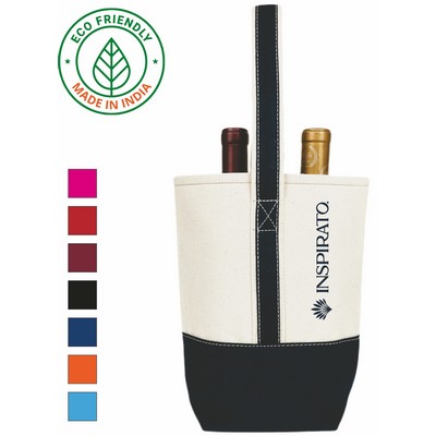 Premium Eco Friendly Canvas Two Bottle Wine Tote w/Navy Blue