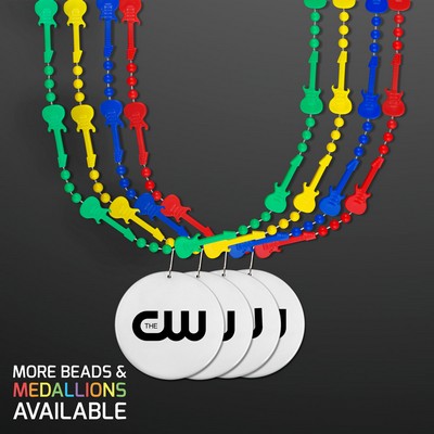 Rock Guitar Necklace Mardi Gras Beads with White Medallion - PRINTED