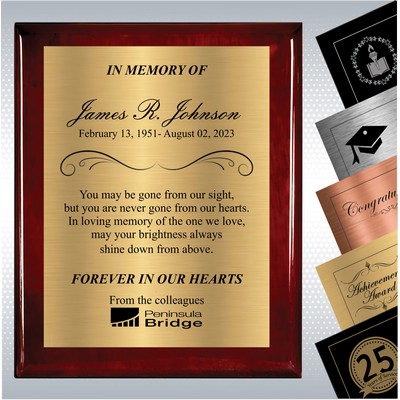 Rosewood Piano Finish Wood Personalized Memorial Plaque Gift Award (7" x 9")