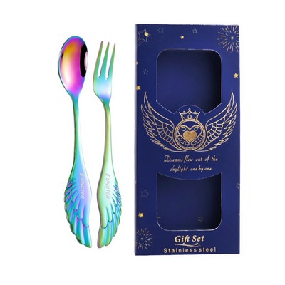 2 PCS Rainbow Angel Wings Spoon Fork Flatware Set Tableware Blue Gift Box