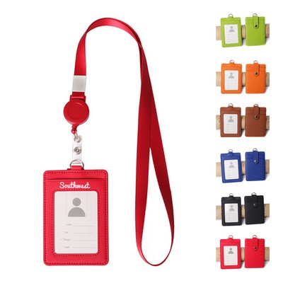 Pu Leather Id Badge Holder with Retractable Lanyard