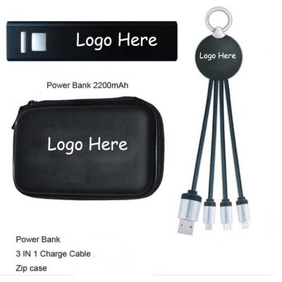 Portable 2200mah Rectangle Power Bank Kit with 3 in 1 USB Cable