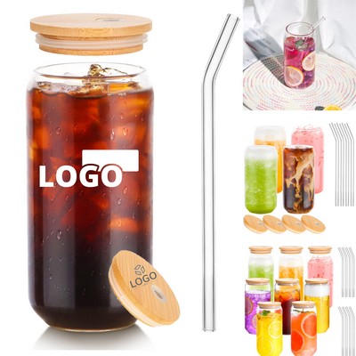 16oz Drinking Glass with Bamboo Lid and Straw