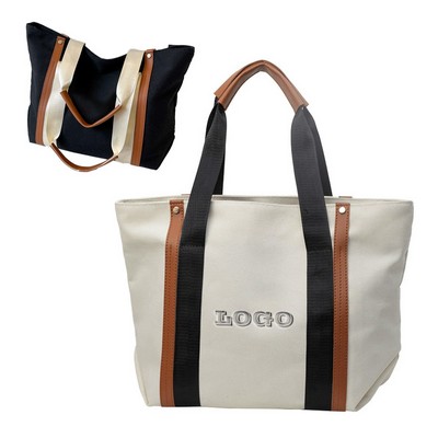 Fashionable Contrasting Striped Large Capacity Canvas Bag