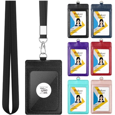 ID Badge Holder with 1 Clear ID Window 1 Credit Card Slot and PU Leather Lanyard.