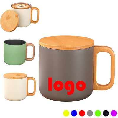 13.5 Oz. Food Grade Stainless Steel Modern Matte Finish Coffee/Tea Mug w/Wooden Lid & Handle