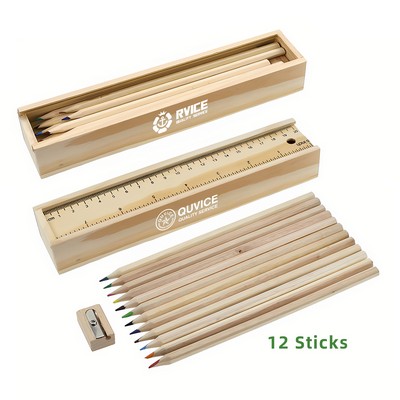 Pull-Out Wooden 12-Color Pencil Ruler case Set W/ Sharpener
