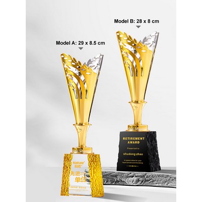 Premium Gold-Plated Metal Recognition Trophy Crystal Award W/ Crystal Base