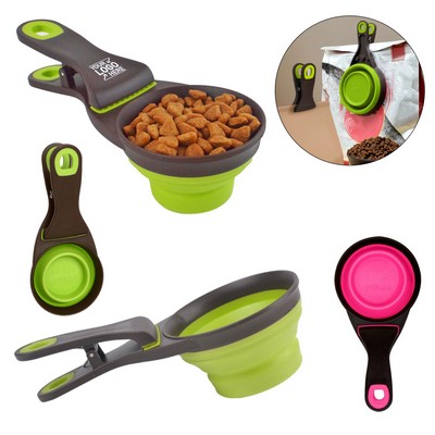 Collapsible Pet Food Scoop with Clip Measuring Cup & Bag Sealer for Dog Cat Food (1 Cup Capacity)