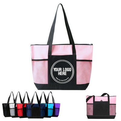 600D Oxford Zipper Tote Bag with Mesh Pockets