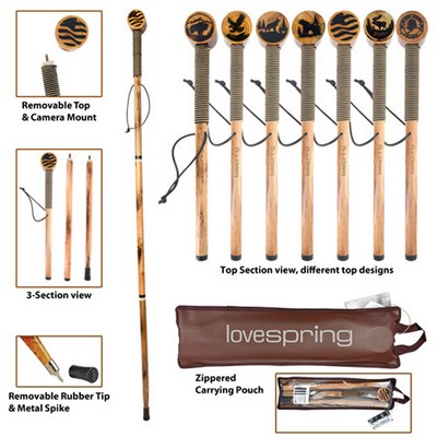 55" 3-Section Wooden Hiking Stick with Rope Wrap Handle & Camera Mount