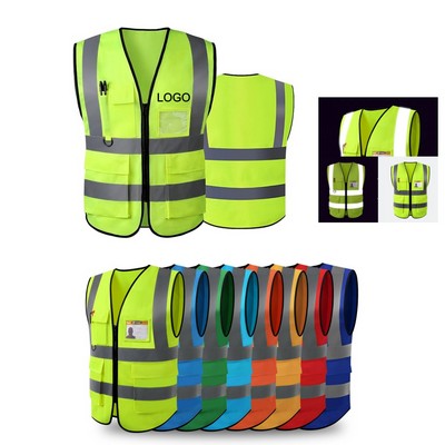 Reflective Safety Vest with Multi-Pockets and Zipper
