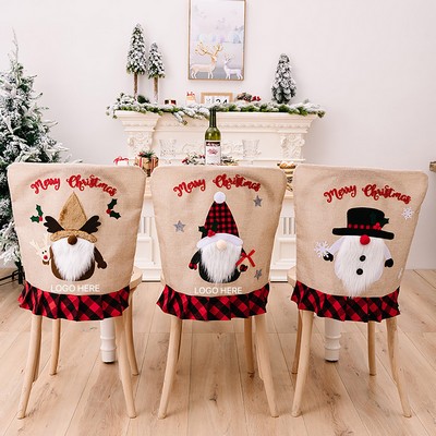 Christmas Chair Cover Red Black Plaid Trim Holiday Forest Santa Cartoon Chair Sleeve
