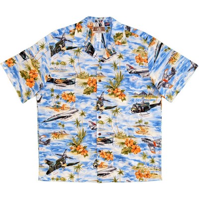 Hawaiian Tropical Military Navy Blue Print Shirt - Jet Airplanes Circa 1960's (S - 3XL IN STOCK)