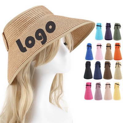 Ladies Collapsible Beach Hat with Bow & Wide Brim