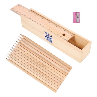 Wooden Pencil Case Set - 12 Colored Pencils, Ruler Lid & Sharpener