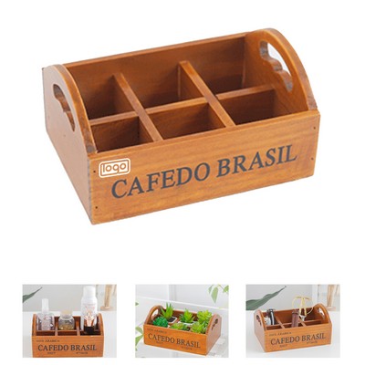 Wooden Six-Compartment Storage Box w/ Handle