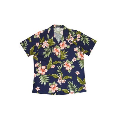 Ladies Navy/Coral Hawaiian Print Cotton Short Sleeve Shirt