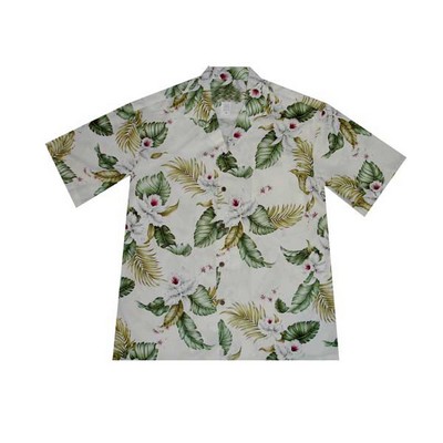 White Hawaiian Tropical Print 100% Rayon Silky Feel Bahama Shirt