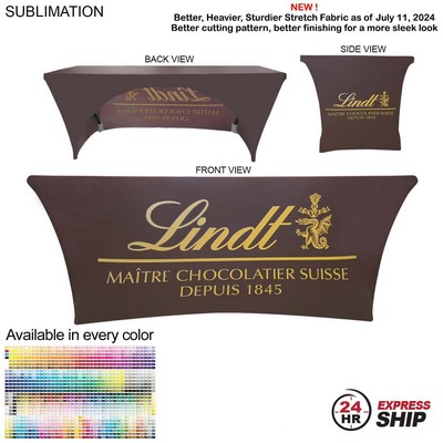 24 Hr Express Ship - Sublimated Stretch Curved Fit Table Throw for 6' table, 3 sided, Open Back