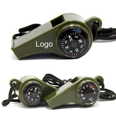 3-in-1 Emergency Whistle w/Lanyard, Compass, and Thermometer
