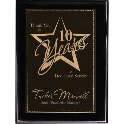 Ebony Piano Finish Plaque with Black Faux Leather Plate, 9 x 12"