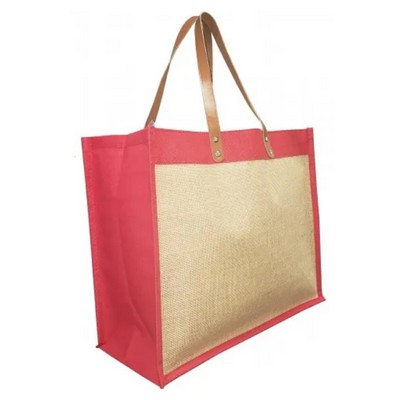 Mannitok Laminated Jute Tote w/Leatherette Handles, Tan/Red