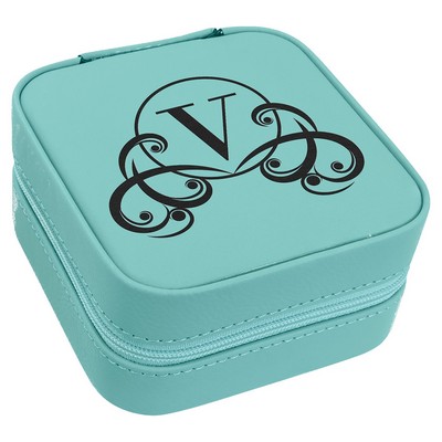 4" X 4" Teal Leatherette Travel Jewelry Box with Tan Lining