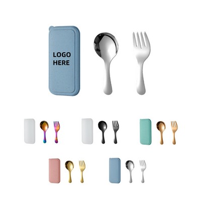 2Pcs Stainless Steel Tableware Set W/ Spoon&Fork For Children