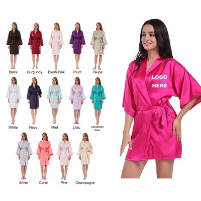 Women's Solid Silky Robe Knee-Length Kimono Satin Robe