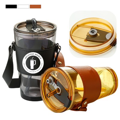 15 OZ.Glass Tumbler with Straw and Leather Strap