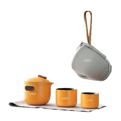 Ceramic Travel Tea Set W/ Wooden Handle And 2 Cups