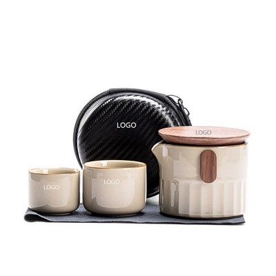 Ceramic Travel Tea Set W/ Wooden Cover Lid