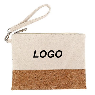 Cork Canvas Cosmetic Zipper Bag with Wrist Strap