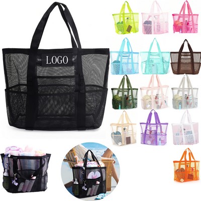 Large Mesh Beach Tote with Zipper Pocket for Pool Toys