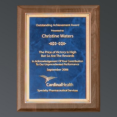 Premium Walnut Piano Finish Notched Rectangle, Blue Brass Plate w/Florentine, Large (9"x12")