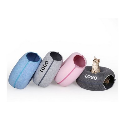 All Season Detachable Double Layer Felt Tunnel Cat Bed Semi Enclosed Pet House