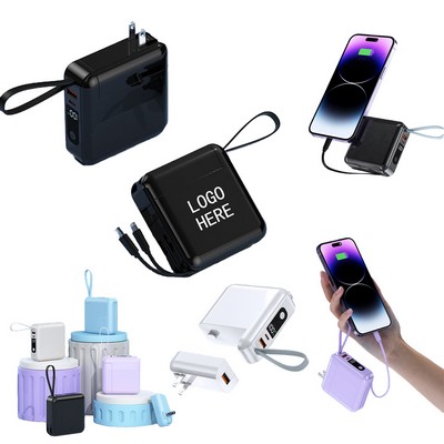 Multifunction 10000mAh Power Bank With Folding Wall Plug & Built-In Cables