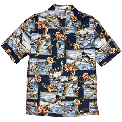 Navy Hawaiian Tropical Military Print Shirt - Airplanes Circa Wwii