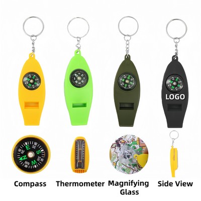 Outdoor Plastic Whistle, Compass, Magnifying Glass & Thermometer Keychain