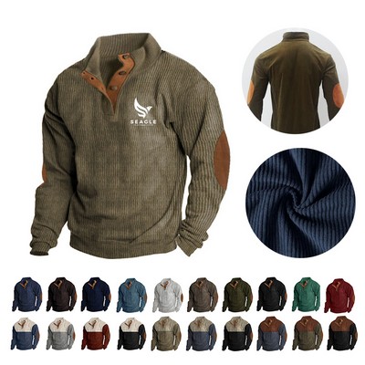 Mens Warm Corduroy Sweatshirt Casual Stand Collar Quarter Fall Metal Button Pullover Sweaters