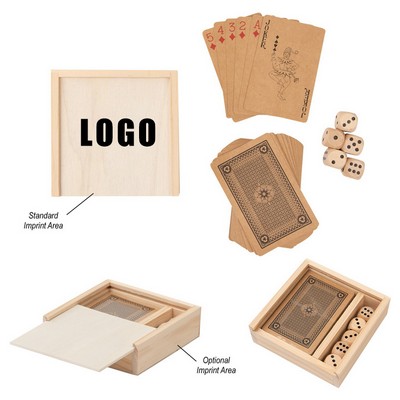 4" Classic Wooden Natural Finish Card Dice Game Set w/ Slide Lid