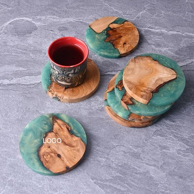 Green Epoxy Resin & Natural Burl Wood Coaster Insulated Round Tea Mat